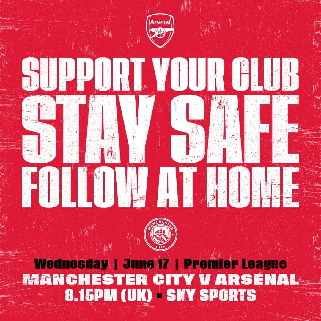 アーセナルFCさんのインスタグラム写真 - (アーセナルFCInstagram)「🔴 Support your club⁠ 👍 Stay safe⁠ 🏡 Follow at home⁠ ⁠ #MCIARS #premierleague #Arsenal #COYG」6月17日 4時01分 - arsenal