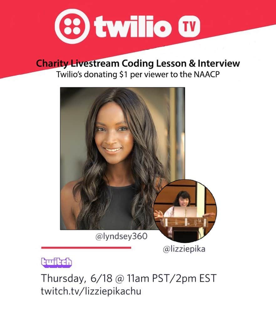 リンジー・スコットのインスタグラム：「Hope you all stop by my @twitch charity livestream this Thursday at 2 PM EST/ 11 AM PST where I’ll teach you how to integrate the @twilio Programmable Video SDK into your apps! Not a coder? Swing by anyway since Twilio will donate $1 to the @naacp for every viewer who watches the stream within the first 24 hours! #charity #livestream #twilio #twitch #naacp #blacklivesmatter #iosdeveloper #coder #womenwhocode #womenintech」