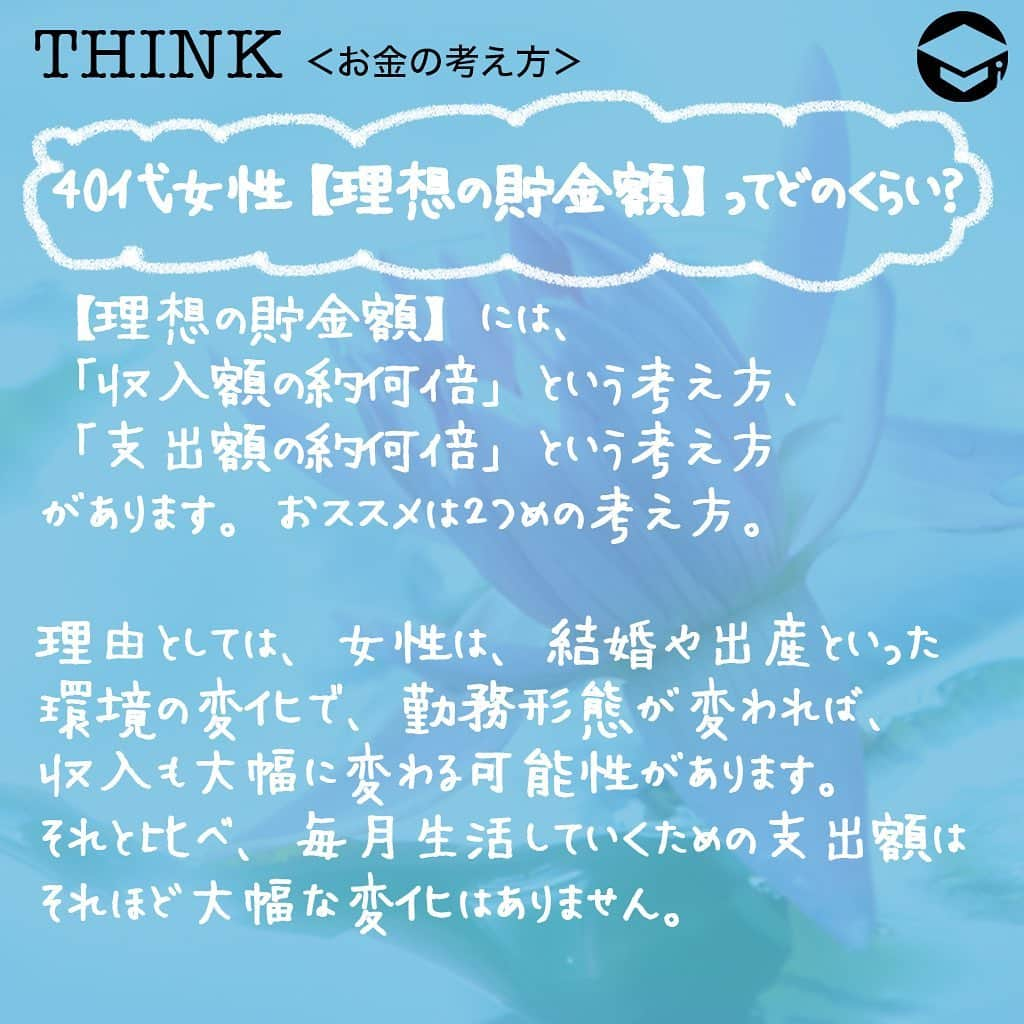 ファイナンシャルアカデミー(公式) さんのインスタグラム写真 - (ファイナンシャルアカデミー(公式) Instagram)「﻿ 40代といえば、まさに「働き盛りど真ん中」な年代ですよね。40代女性の【平均貯金額】や【理想の貯金額】っていくらだと思いますか❓これから先のライフプランをしっかり考えてみませんか❓﻿ ﻿ ーーーーーーーーーーーーーーーーーーーーーーー﻿ ﻿ 40代女性【平均貯金額】ってどのくらい❓﻿ ﻿ ーーーーーーーーーーーーーーーーーーーーーーー﻿ ﻿ 総務省の平成26年全国消費実態調査によると、40代独身女性の平均貯蓄現在高は959万円。この調査で、平均年収は394万円なので、年収の約2.5倍の貯金があることに💰﻿ ﻿ しかし「平均値」は、極端に少ない人や、極端に多い人がいると、実態とかけ離れることもあります。そのため「平均値」よりも「中央値」が、実態的な数字である場合が多いのです💡﻿ ﻿ 40代女性の貯金額の「中央値」は約450万円、年収の約1.1倍の貯金です。﻿ ﻿ ーーーーーーーーーーーーーーーーーーーーーーー﻿ ﻿ 40代女性【理想の貯金額】ってどのくらい❓﻿ ﻿ ーーーーーーーーーーーーーーーーーーーーーーー﻿ ﻿ 【理想の貯金額】には、「収入額の約何倍」という考え方、「支出額の約何倍」という考え方があります。おススメは２つめの考え方👍﻿ ﻿ 理由としては、女性は、結婚や出産といった環境の変化で、勤務形態が変われば、収入も大幅に変わる可能性があります。それと比べ、毎月生活していくための支出額はそれほど大幅な変化はありません🙅‍♂️﻿ ﻿ 特に40代女性はお金に関して堅実な面があり、たとえ収入額が多くなっても浪費せずに、貯金額を増やす傾向があります。【理想の貯金額】は支出額を基準に考えていくのが妥当と言えるでしょう💡﻿ ﻿ 【必須の貯金額】　年間支出額の1倍　→　1年間暮らせる額﻿ 【目標の貯金額】　年間支出額の3倍　→　3年間暮らせる額﻿ 【理想の貯金額】　年間支出額の5倍　→　5年間暮らせる額　﻿ ﻿ 【理想の貯金額】を知るには、あなた自身の支出額を把握することがまず必要ですよ😊﻿ ﻿ ーーーーーーーーーーーーーーーーーーーーーーー﻿ ﻿ タイプ別【理想の貯金額】を計算してみた﻿ ﻿ ーーーーーーーーーーーーーーーーーーーーーーー﻿ タイプ１）Ａさん（独身・年収300万）﻿ 毎月の手取  20万﻿ ﻿ 毎月の支出  15万　﻿ （内訳）　﻿ 家賃 　5万5,000　﻿ 食費 　2万5,000　﻿ 光熱費 　1万　﻿ 交通費 　1万　﻿ 携帯代 　5,000　﻿ 保険代 　5,000　﻿ 生活品 　5,000　﻿ 娯楽交際費 　1万5,000　﻿ 美容・衣服代　　1万　﻿ 習い事・書籍費　1万　﻿ ﻿ 毎月の貯金  5万　﻿ ﻿ 毎月の支出額は15万円なので、15万×12ヶ月＝180万　年間支出額は180万　﻿ 180万×5倍＝900万　【理想の貯金額】は900万円です。﻿ ﻿ Ａさんは、今現在、毎月5万円（年間60万円）貯金しています。この調子でいくと約15年で【理想の貯金額】900万円に到達します✨もっと早く【理想の貯金額】に到達したいのであれば、毎月の貯金額を増やすか、利率の高い貯蓄商品を組み入れるかを検討したら良いでしょう☺️﻿ ﻿ タイプ２）Bさん（既婚・年収500万　＊夫婦合算）﻿ 毎月の手取  30万　﻿ ﻿ 毎月の支出  26万　﻿ （内訳）　﻿ 家賃 　8万　﻿ 食費 　4万5,000　﻿ 光熱費 　1万5,000　﻿ 交通費 　1万　﻿ 携帯代 　1万5,000　﻿ 保険代 　1万　﻿ 生活品 　1万　﻿ 娯楽レジャー費　　1万5,000　﻿ 子ども費 　2万　﻿ 夫お小遣い 　3万　﻿ 妻お小遣い 　1万　﻿ 毎月の貯金  4万　﻿ ﻿ 毎月の支出額は26万円なので、26万×12ヶ月＝312万　年間支出額は312万　﻿ 312万×5倍＝1,560万　【理想の貯金額】は1,560万円です。﻿ ﻿ Ｃさんは、今現在、毎月4万円（年間48万円）貯金しています。この調子でいくと【理想の貯金額】1,560万円に到達するには約32年もかかります🌀毎月の支出額を見直し、貯金額を増やすのももちろんですが、夫婦で収入アップを検討してみましょう☺️﻿ ﻿ ＝＝＝＝＝＝＝＝＝＝＝＝＝＝＝＝﻿ さらに詳しくお金のことや﻿ 投資のノウハウ・知識を学びたいという方必見👀﻿ ﻿ 自宅にいながらお金や株・不動産投資の勉強ができる﻿ 「WEB体験セミナー」💻﻿ （@financial_academy）　﻿ ﻿ 詳しくはプロフィールリンクにあるサイトへ飛んでくださいね☝️﻿ ＝＝＝＝＝＝＝＝＝＝＝＝＝＝＝＝﻿ #ファイナンシャルアカデミー #お金の教養  #手書きアカウント #情報収集 #貯金術 #貯金計画 #貯金生活 #貯金したい #貯金方法 #貯金部 #貯金初心者 #40代 #40代女子 #40代女性」6月17日 18時16分 - financial_academy