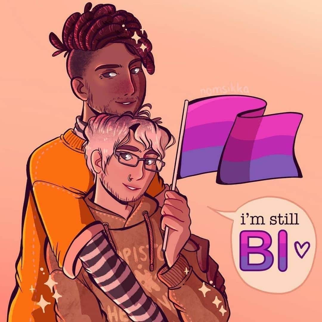 アンナ・パキンさんのインスタグラム写真 - (アンナ・パキンInstagram)「Bi erasure is real. Love to my bi fam 🌈. 💗💜💙#bipride #Repost @lgbt ・・・ Shout out to the bi guys! 💖💜 ⠀ 🎨 by @nomsikka. ⠀ Image description: German art and history student Sophia illustrated this stunning image depicting a same-gender couple. One of them is wearing a short-sleeve orange sweater and a black-and-white striped undershirt. The other is wearing a graphic brown hoodie and is holding a bi Pride flag. They have a speech bubble next to them that reads "I'm still bi." The message is that no matter what your partner's gender is, if you identify as bi, you are still bi. ⠀ #lgbt #lgbtq #pride #lgbtqia #queer #bisexual #bipride #bisexualpride #bipride💖💜💙 #bi #bisexualgirls #loveislove #lovewins #bisexualmen #bisexualmenexist #queerart #queerartist #kawaii #art #boyswhodateboys #boyswhokissboys #bisexualsofinstagram #bisexualmen #loveislove🌈 #lovewins🌈 #lgbtq🌈 #pride🌈 #bisexual🌈 #bisexualpride🌈 #bipride🌈」6月17日 13時44分 - _annapaquin