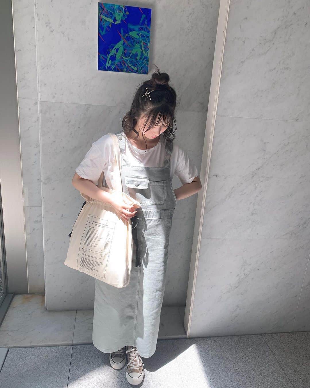 山岸理子のインスタグラム：「* 今日のふく☺︎ ・ ・ ・ ・ #tsubaki_factory #山岸理子 #ミントグリーン #サロペットスカート #今日は #カジュアルめ #🌱」