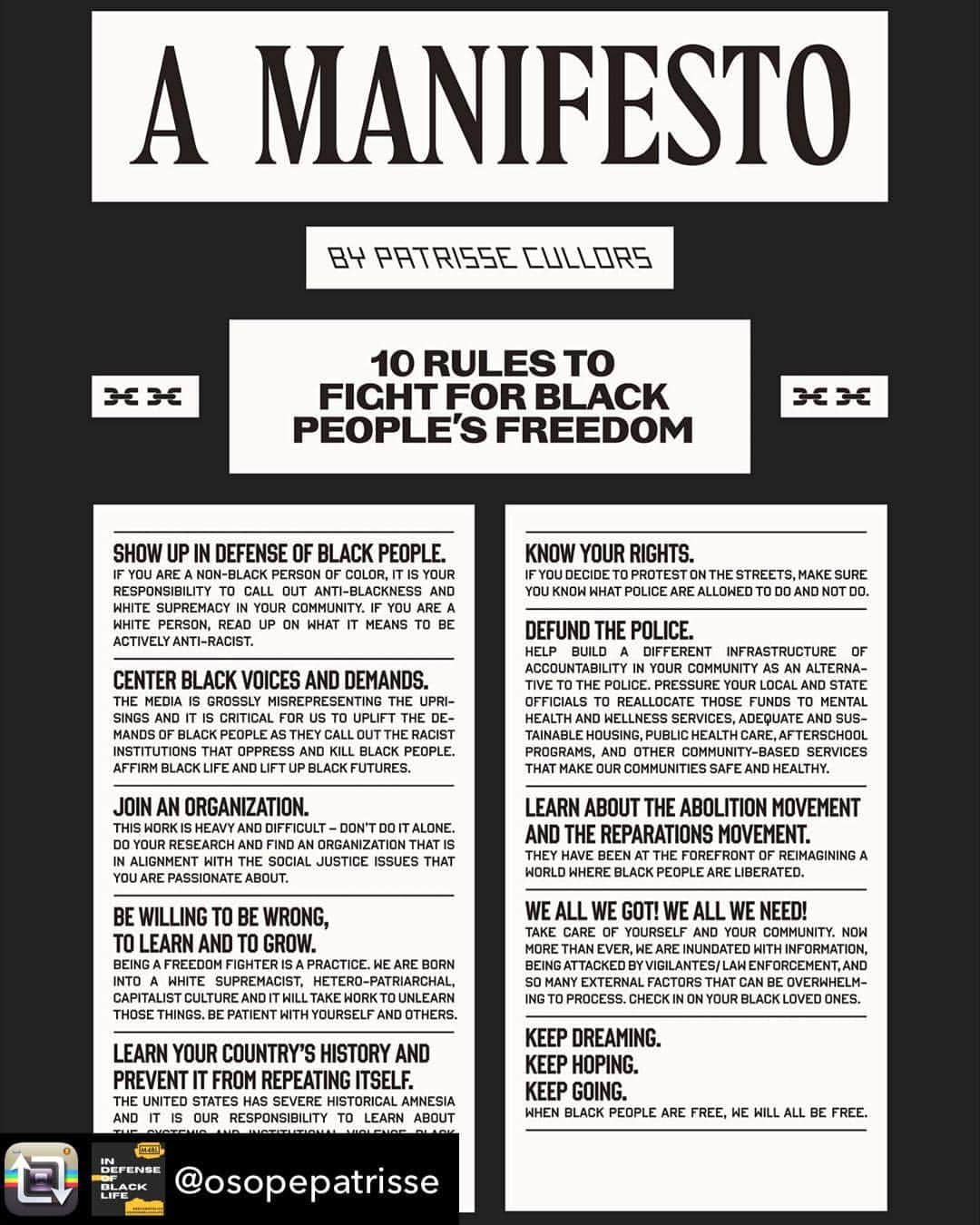 キャリー・クーンのインスタグラム：「Repost from @osopepatrisse using @RepostRegramApp - 1. Show up in defense of Black people.  2. Center Black voices and Demands. 3. Join an organization.  4. Be willing to be wrong, to learn and to grow. 5. Learn the country’s history and prevent it from repeating itself. 6. Know your rights. 7. Defund the Police. 8. Learn about the abolition and reparations movement. 9. We all we got! We all we need! 10. Keep dreaming.  Another collaboration w/ @wetransfer」
