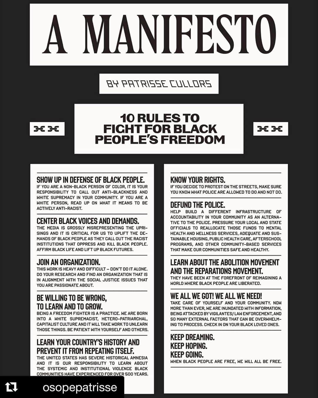 サラ・ポールソンさんのインスタグラム写真 - (サラ・ポールソンInstagram)「Manifesto. Ears up. #Repost @osopepatrisse with @get_repost ・・・ 1. Show up in defense of Black people.  2. Center Black voices and Demands. 3. Join an organization.  4. Be willing to be wrong, to learn and to grow. 5. Learn the country’s history and prevent it from repeating itself. 6. Know your rights. 7. Defund the Police. 8. Learn about the abolition and reparations movement. 9. We all we got! We all we need! 10. Keep dreaming.  Another collaboration w/ @wetransfer」6月18日 2時23分 - mssarahcatharinepaulson