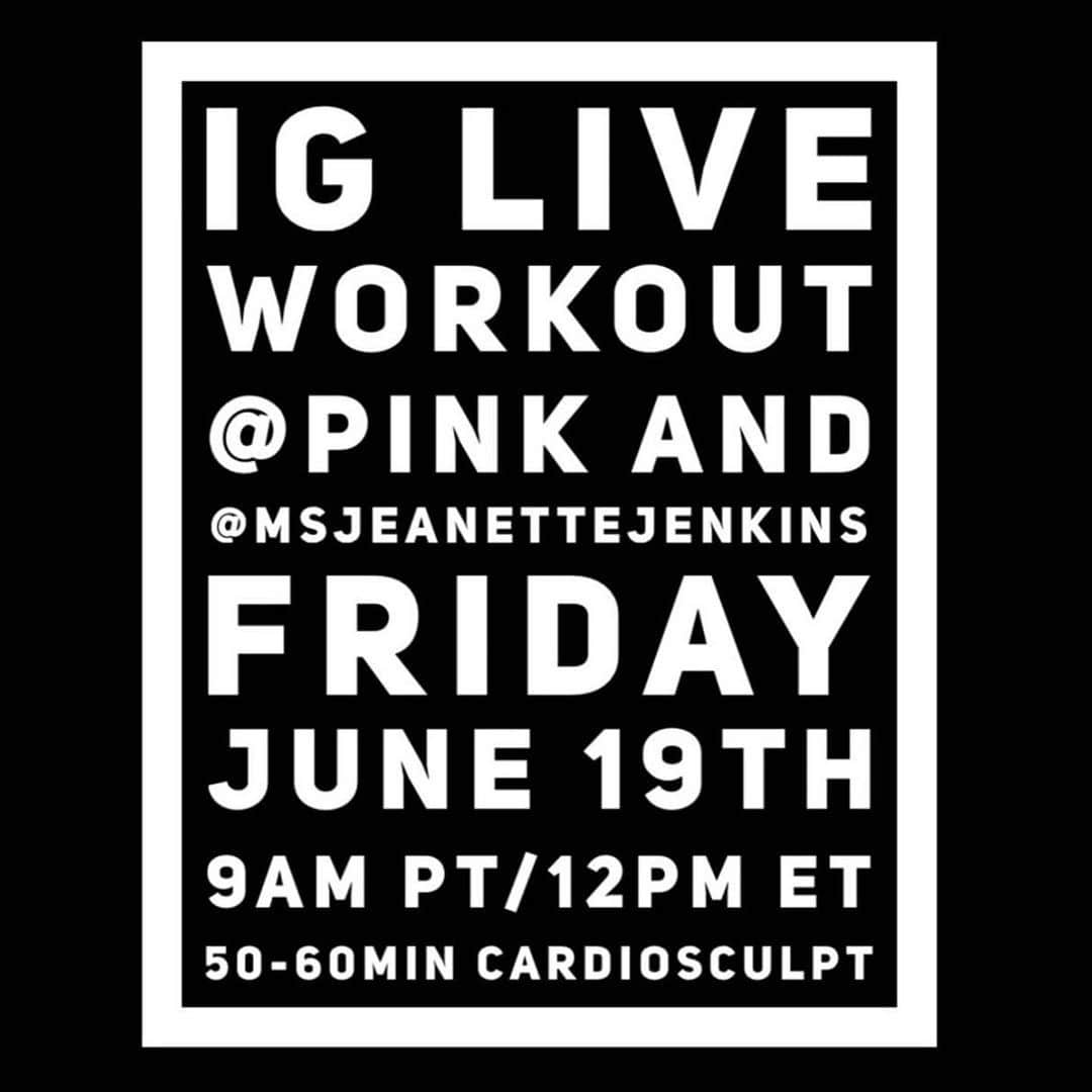 P!nk（ピンク）さんのインスタグラム写真 - (P!nk（ピンク）Instagram)「#Repost @msjeanettejenkins ・・・ Yes we heard you & we can’t wait to do it again! ❤️Join me and @Pink this Friday June 19th 9am PT/12pm ET/5pm in the UK for a “Positive Energy CardioSculpt #InstagramLive Workout” on this special day of celebration #Juneteenth 🖤 ⁣ ⁣ ❤️You will need a mat & 5-10lb dumbbells. If you don’t have dumbbells grab soup cans or water bottles or whatever you have & that will be great! ⁣ ⁣ ❤️Exercise (sport, dance, movement) is a great way to give your body a boost of endorphins, strengthen your immune system and help you start the day with a positive attitude. ⁣ ⁣ ❤️We want to help lift your hearts & your spirits and give you 50-60min of positive energy! ⁣ ⁣ ❤️Everyone is welcome to join us on Instagram Live! Tag a friend to join you & see you this Friday! ⁣ ⁣ ❤️ I posted a #Reminder in my #stories that you can click on! #InstagramLive #Workout #WorkoutMotivation #PositiveEnergy #Juneteenth」6月18日 2時51分 - pink
