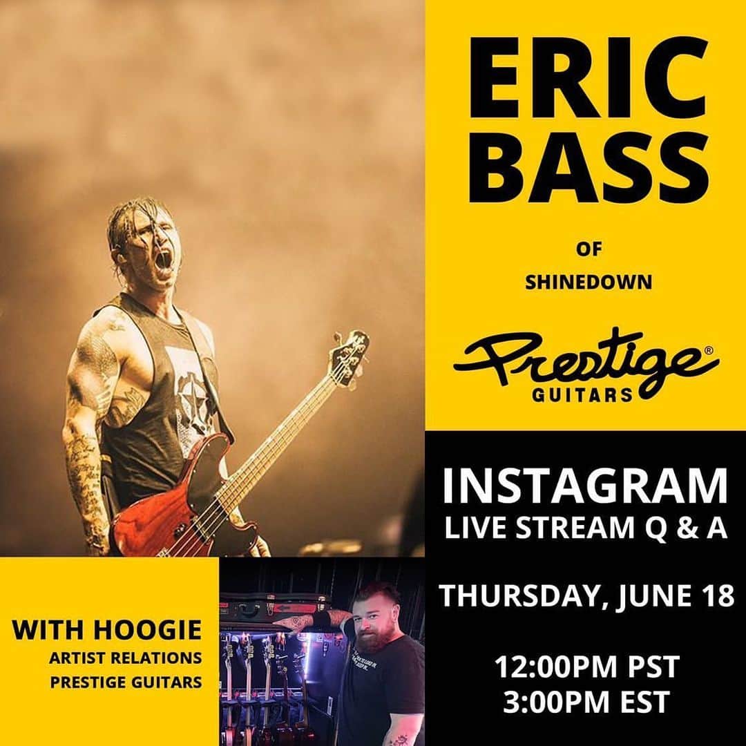 Shinedownさんのインスタグラム写真 - (ShinedownInstagram)「Join @ebassprod + bass tech and artists rep @hoogieontheroad June 18th at 3PM EST via @prestigeguitars Instagram Live. Please tune-in and let HooGie know if YOU have any questions??? 👇」6月18日 3時32分 - shinedown