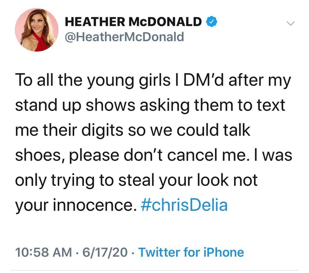 ヘザー・マクドナルドのインスタグラム：「Was up all night on twitter reading about all the young girls #ChrisDelia has DM’d after his shows trying to hook up or get nudes. It got me worried about what I do with strangers after my shows. Men and women really are different. Especially when it comes to Stand Up comics. Swipe to see @jenkirkman take.」