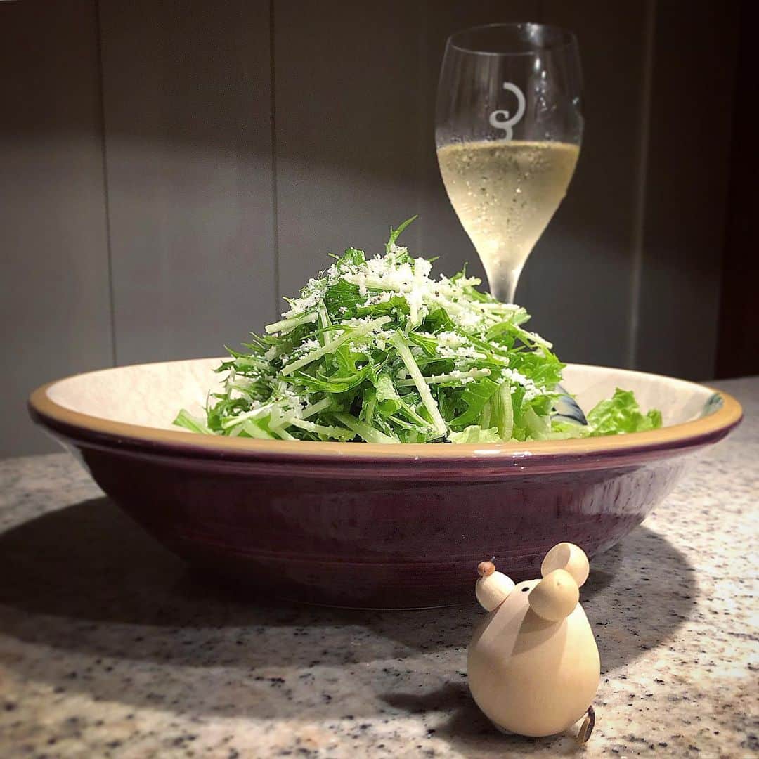 榊山敬代のインスタグラム：「🥗🧀🍴✨… ・ ペコリーノを味わうために サラダな丘でデビューの巻  そして  ペコリーノな香りを味わうために お塩はいっさいかけずにオイルで からめながらスリスリあえて完成  これは…と…😳🧀… ・ ・ パルミジャーノさんよりもタイプだわ とこれからはペコリーノ一筋にキマリ  塩分がほどよくパルミジャーノよりも しっとりとやわらかくてまろやかなり  しかもパルミジャーノよりも お値段半額くらいだったかな  お料理の調味料的に用いるなら ペコリーノさんとてもオススメ  ただ柔らかいので スリスリしてたら  ポキっと折れてしまったのは　 パルミジャーノの固さに慣れ ていた名残のときペコリーノ さんはそっとスリスリしてね  今回はシャキシャキの水菜と パクチーをハーブ感覚で少々  シュワシュワのお供にバッチリサラダ  この後お肉を焼く予定でしたけど サラダに満足してお肉やめたほど ペコリーノでご馳走サラダでした  これから楽しみお世話になりますと ぺこりと拝みながら真空チルド室へ ・ ・ 🧀💤… ・ ・ さて昨日は午前と夜と zoom会議日和でした  距離がはなれていましても 繋がれる時間はありがたく  今年はzoomのお陰で過去最高に 人とコミュニケーションしている  不思議な2020年の巻 ・ ・ ・ ・ ・ #おうち時間 たのしもう週間 #おうち大好き #enjoyhome ・ ・ ・ ・ ・ #サラダだいすき #dinner #夕食 #おつまみ #brut #wine  #夏  #サラダ #salad #🥗 #healthy #パクチー #phakchi #野菜 #vegetable #水菜 #beautiful #チーズ #cheese #pecorino #ペコリーノ #おうちごはん #おうち時間 #artist #kitchen #cooking #日本画家 の #お料理こんなもん」