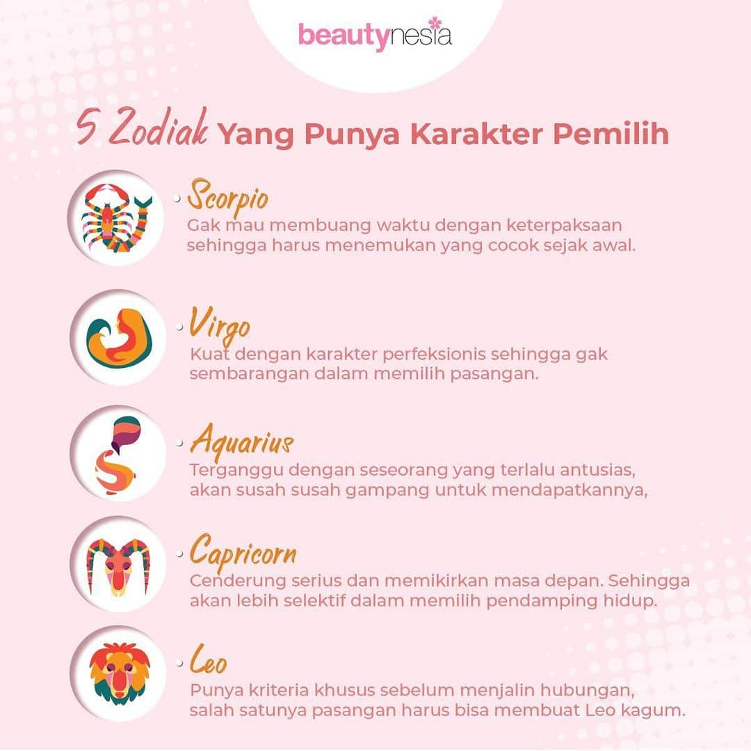 Beauty | Health | Fashionさんのインスタグラム写真 - (Beauty | Health | FashionInstagram)「Sudah membuka hati sejak lama tapi masih belum ada yang pas juga ? Hmm mungkin salah satu penyebabnya karena memiliki karakter yang pemilih, seperti 5 zodiak ini. Meski memiliki karakter yang menyenangkan, namun dalam hal hati dan pasangan mereka cukup selektif. Zodiak kamu termasuk juga gak nih 😉?⁣ ⁣ #Beautynesia #BeautynesiaID #ZodiakHariIni #Jujur #ZodiakKamu #KataZodiak #ZodiakSign #RamalanZodiak #Pemilih #PasanganHidup #PasanganSetia #Pasangan」6月17日 20時18分 - beautynesia.id