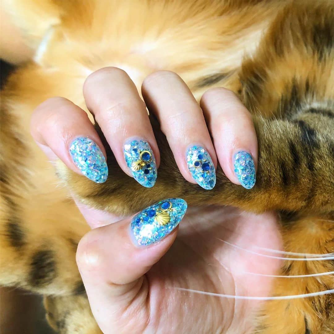 佐野千晃のインスタグラム：「梅雨通り越して夏ネイル💅﻿ ﻿ ネイルがキラキラしてると心もキラキラ🤩﻿ ﻿ こーゆーの好きだとちゃんと女子だなぁってなる←﻿ ﻿ #ネイル #ニューネイル #nail #new #newnail #kirakira #夏ネイル」