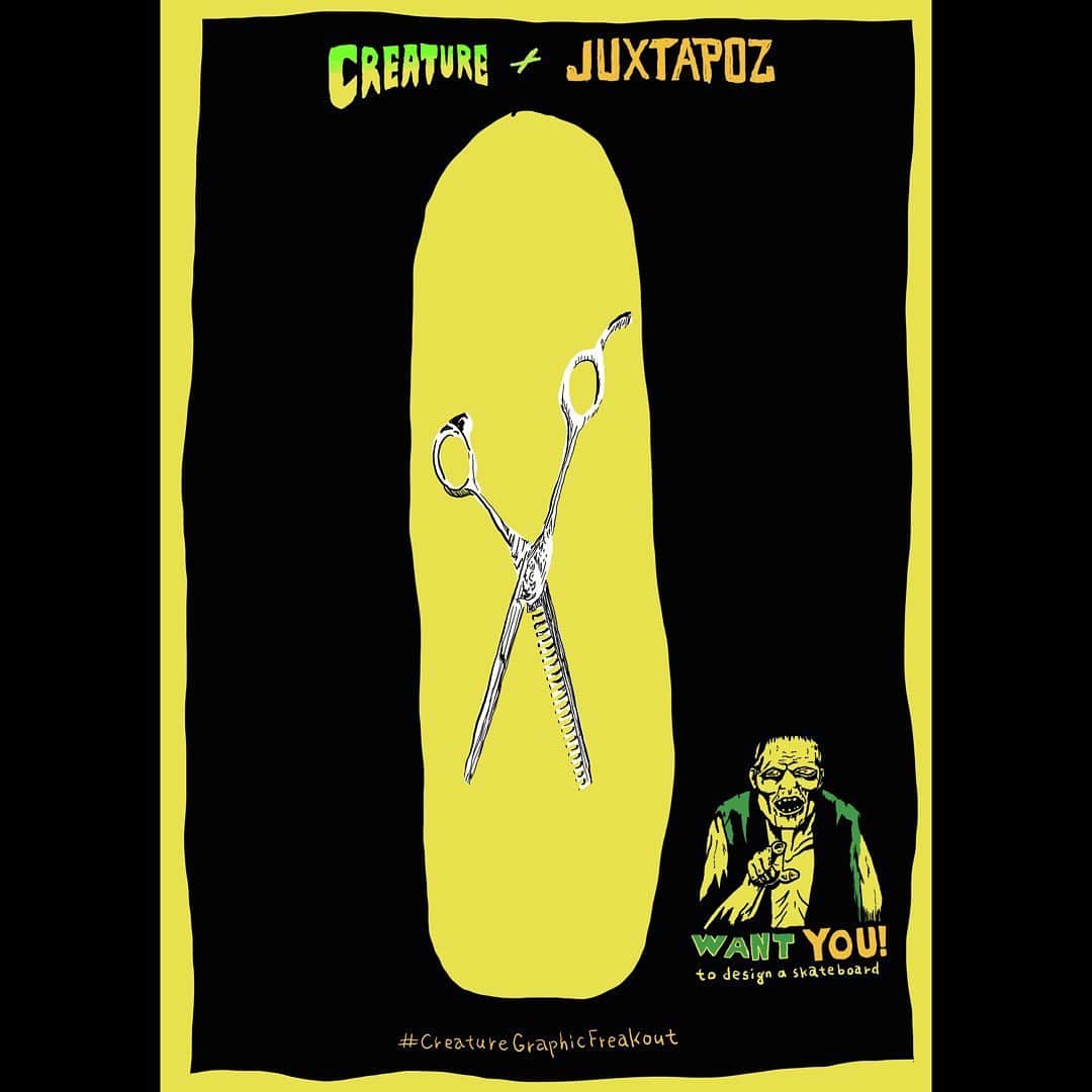 浅野忠信のインスタグラム：「@creaturefiends x @juxtapozmag  #creaturegraphicfreakout  #creaturefiends  #juxtapozmag  #skateboardgraphics  Sorry, I don’t know how to find the template...」