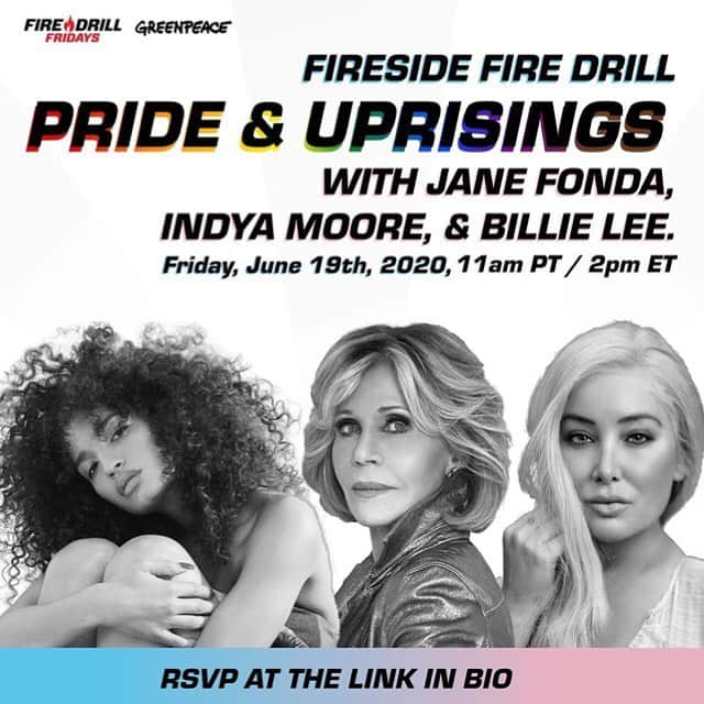 ジェーン・フォンダさんのインスタグラム写真 - (ジェーン・フォンダInstagram)「Repost from @firedrillfriday • Join us Friday at 11am PT for a special Pride and Uprisings edition of a Fireside Fire Drill with @JaneFonda, @IndyaMoore, and @ItsMeBillieLee. In this moment of revolution, we honor Juneteenth and act in solidarity with the Movement for Black Lives, which is a fight for justice for all oppressed people, and for our very humanity. Join our guests for a deep discussion on the intersectionality of social justice movements, the roots of Pride, police brutality, and how our collective fights for justice can and must strengthen one another — and what action can be taken to support and uplift these communities. As the protests against police violence continue through Pride month, Fire Drill Fridays honors the courage, the struggle, and the triumph of justice over oppression. Link in bio. #FireDrillFriday @greenpeaceusa」6月18日 4時06分 - janefonda