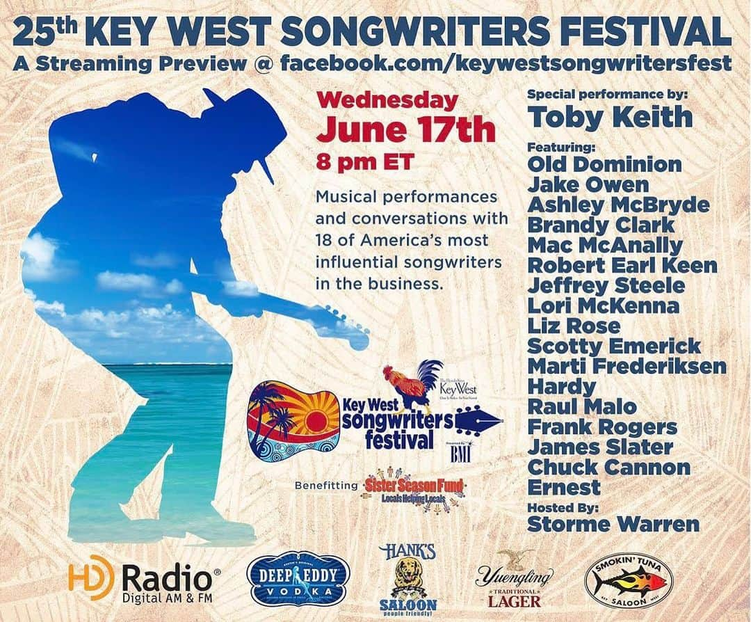 Broadcast Music, Inc.さんのインスタグラム写真 - (Broadcast Music, Inc.Instagram)「We’ve been taking songwriters down to the Key West Songwriters Festival for over 20 years. TONIGHT at 8PM EST, we’re bringing the festival to you! Tune in on @keywestsongwritersfestival’s Facebook page to hear BMI Ambassador @stormewarren host a stellar lineup of artists and songwriters including @tobykeith, @olddominionmusic, @jakeowenofficial, @macmcanally, @robertearlkeen1, @hardy, @lizrose0606, and many, many more!  #BMICountry #KWSWF」6月18日 5時07分 - bmi