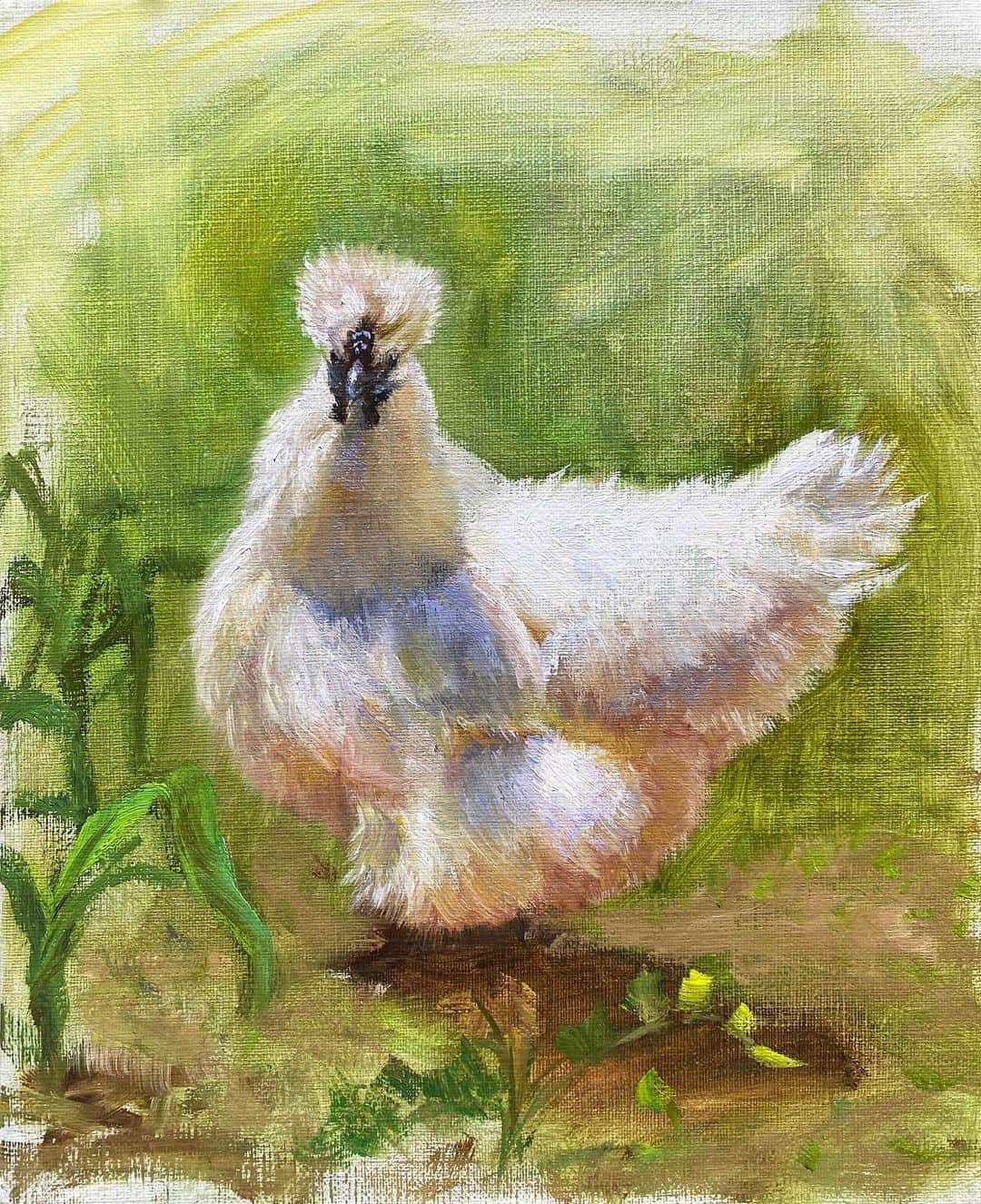 古賀陽子のインスタグラム：「#silkyfowl  hen 烏骨鶏のプリちゃん🐓💕 #アート #アーティスト #アートワーク #画家 #美術館 #作品 #油絵 #絵画展 #静物画 #アートのある暮らし #絵画のある暮らし #ギャラリー #個展 #神戸 #exhibition #exhibit #art #instaart #instaartist #artist #artwork #gallery #stilllife #painting #yokokoga #古賀陽子 #academic #academicart #academic_artworks」