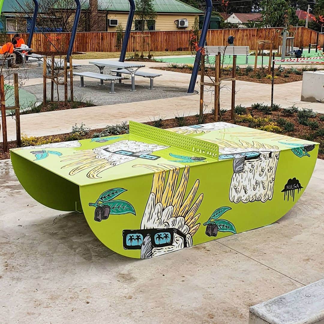 MULGAさんのインスタグラム写真 - (MULGAInstagram)「Pleased to present the Craig the Cockatoo ping pong table. Cheers to @fairfieldcity council for getting me on board and @popp.world for making a sweet table.⁣ ⁣ The newly built park where the table sits used to be 5 houses which the council purchased and then knocked down to build this sweet park. It's in Villawood on Koonoona Ave and should be open pretty soon. ⁣ ⁣ The story of Craig the Cockie⁣ ⁣ Once there was a cockie called Craig and he was a loner, flying everywhere on his own.⁣ ⁣ One day he found a piece of magical chalk on the ground and he drew a fairy. The fairy came to life and granted him one wish. He wished for a magical door. The fairy granted his wish but he didn't know where the magical door went or what would happen when he walked through it.⁣ ⁣ The Magical door seemed pretty dubious to him so tentatively he opened it and poked his head through then quickly pulled it back. The door didn't seem to go anywhere but then he looked behind him and he saw a replica of his head levitating behind him.⁣ ⁣ It was way freaky, turned out the door was a cloning device and he had just cloned his head. Then all of a sudden his head levitated itself through the door and cloned itself. The next head did the same thing and on and on it went until the whole world was made up cloned levitating Craig the Cockie heads.⁣ ⁣ Mayhem ensued and the 'Great Humans vs the Cockie Heads War' raged on for many years but was eventually settled when someone offered the Cockie Heads some gumnuts to nibble on. They seemed to like that. ⁣ ⁣ The End⁣ ⁣ #mulgatheartist #cockatoo #pingpongart #tabletennis #pingpong #cockatoodrawing」6月18日 9時00分 - mulgatheartist