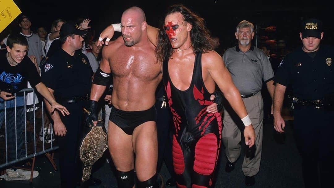 ビル・ゴールドバーグのインスタグラム：「#tbt Few people know the amount of respect I have for this man....both personally and professionally. Everyone needs a mentor 👊 🙏 #spear #jackhammer #whosnext #ialwayshaveurback @stinger  #WCW #wrestling @wwe #legend #hof @goldbergsgarage @wweonfox #oldschool」