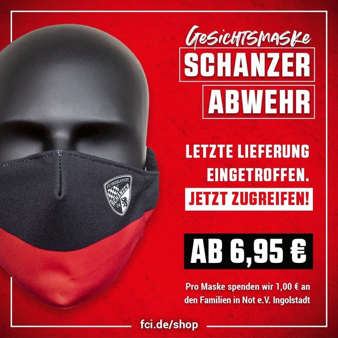 のインスタグラム：「LETZTE CHANCE‼️ 😷⚫️🔴 Die finale Lieferung ist eingetroffen & ihr könnt noch einmal zuschlagen - jetzt die "#Schanzer Abwehr" sichern! Auch letzte Kinder-Masken sind noch im Online-Shop oder im Schanzer Ludwig-Store in der Innenstadt erhältlich (Theresienstraße 13). Einfach fci.de/Shop im Browser eingeben oder dem Link in unserer Story folgen! ___ Wer hat schon eine & wer braucht noch eine⁉️🗯 Zeigt's uns! ⤵️ . . #fightcovid19 #fightcorona #corona #covid #Support #Unterstützung #Infektionsketten #FCI #FCIngolstadt #soccer #fussball #football #3Liga #zeigtsuns #fu3ball #gemeinsam #zusammen #zamhoidn #Maske #Gesichtsmaske #SchanzerAbwehr #Mask #Maskeauf #laschance #Ingolstadt #Schanzerdassindwir #Schanzerfürimmer」