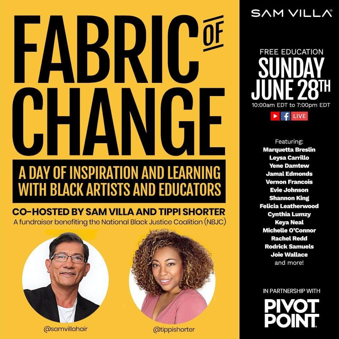 Sam Villaさんのインスタグラム写真 - (Sam VillaInstagram)「Join us Sunday, June 28th for FABRIC OF CHANGE: A Day of Inspiration and Learning with Black Artists and Educators. Co-hosted by #SamVilla and @mizani Global Artistic Director Tippi Shorter / @tippishorter . This is a fundraiser benefiting @nbjconthemove . The National Black Justice Coalition (NBJC) is a civil rights organization focused on empowering Black #LGBTQ & SGL people. ⠀ ⠀ ⭐️ For reminders and up-to-date artist details, RSVP through the link in our bio! ⭐️」6月19日 7時07分 - samvillahair