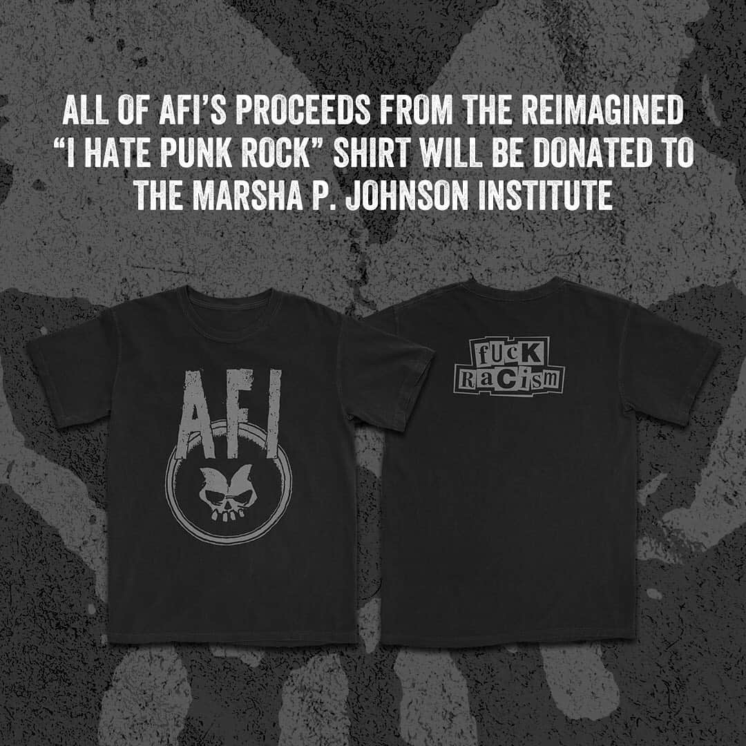 AFIのインスタグラム：「We have reimagined the archival “I hate punk rock shirt” in support of the black community and the pursuit of equal justice. 100% of AFI's profits will be donated to the The Marsha P. Johnson Institute. Get the #FuckRacism shirt at the link in our bio. More information on @mpjinstitute at marshap.org.」