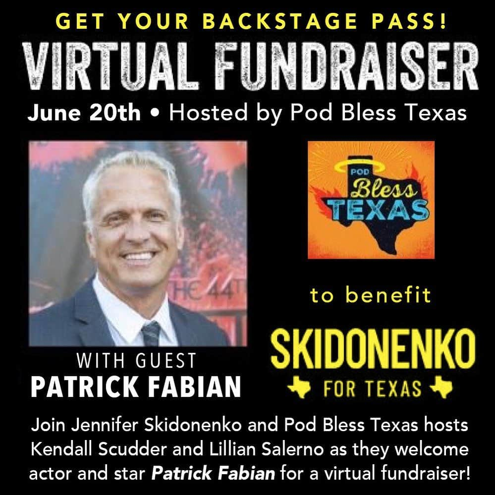 パトリック・ファビアンさんのインスタグラム写真 - (パトリック・ファビアンInstagram)「👉This Saturday👈.....Talkin’ showbiz, politics & raising money for @skidonenkofortx ....join us (& @podblesstexas) while we discuss running for office, being on set, best Chicken Fried Steak, common sense gun reform, voting & generally solving all the worlds problems......see you Saturday! . . . . Https://secure.actblue.com/donate/Vfpfs . Https://www.facebook.com/events/712371606257994 . @everytown @momsdemand #skidonenkofortx #vote #chickefriedsteak #momsdemand #everytown #podblesstexas」6月19日 2時30分 - mrpatrickfabian