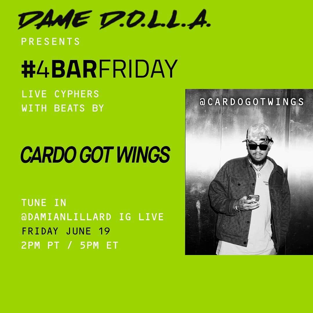 デイミアン・リラードのインスタグラム：「Had to postpone last week’s cypher, but I’m back tomorrow for Week 8 of my IG Live Cypher Series featuring under the radar MCs from my #4BarFriday community. This week’s producer of the week is @cardogotwings. Can’t wait to see what this week’s MCs do over his beats. Be ready @victionarymusic, @oxoblivion1, @jayrob4real, @decarlo_, @danakadaniel, @devinecarama, @shodmock, @whocarespublishing! See y’all on my IG Live tomorrow at 2pm PT/5pm ET. #DameDOLLA」