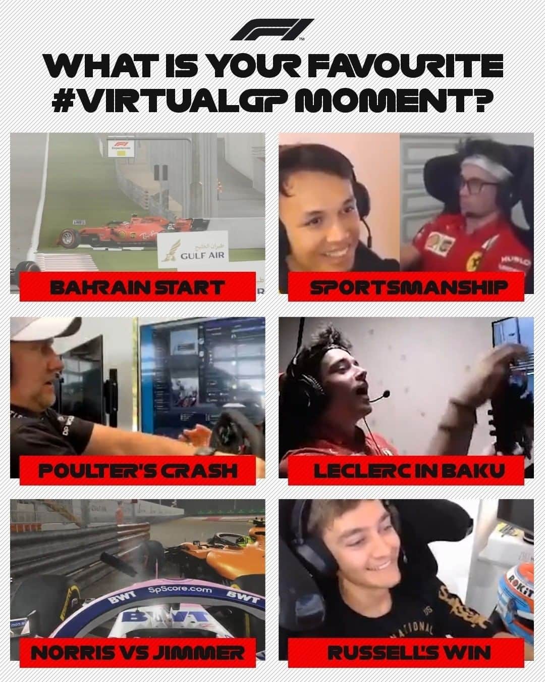F1さんのインスタグラム写真 - (F1Instagram)「What's been your favourite moment from the #VirtualGP races? 🤔😆 Here's a few to help you choose ✨⁣ ⁣ You can view the best bits from an unforgettable series full of laughter, racing and fun on our Youtube channel and F1.com⁣ ⁣ #F1 #Formula1 #Motorsport #Esports #F1Esports #LandoNorris #GeorgeRussell #IanPoulter #CharlesLeclerc #AlexAlbon」6月19日 5時05分 - f1
