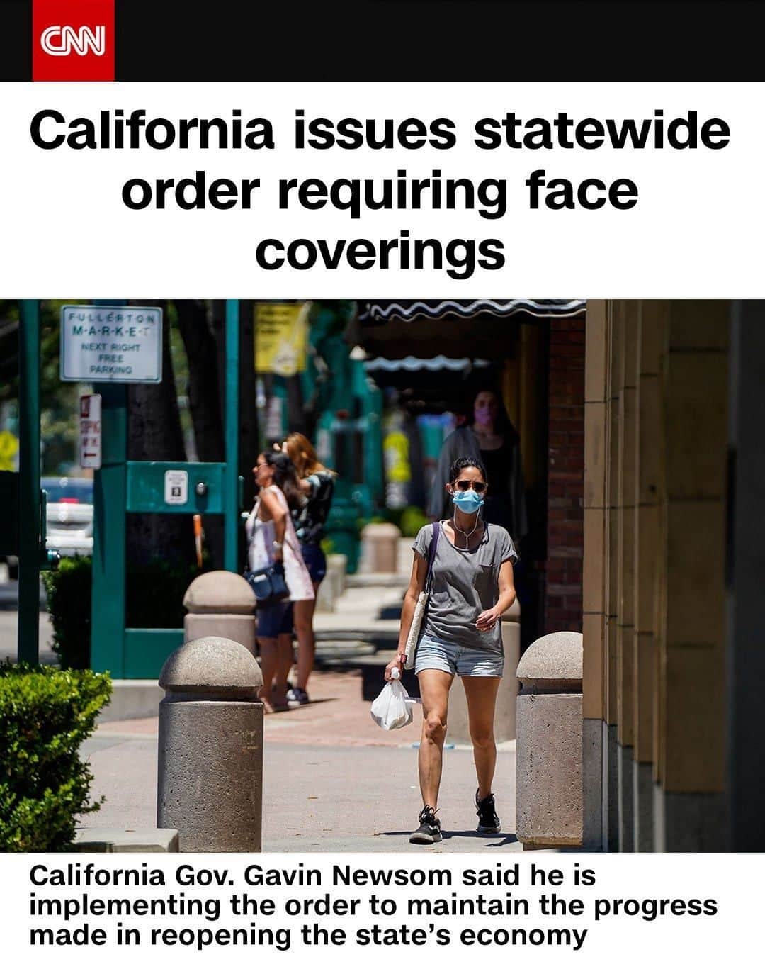 CNNさんのインスタグラム写真 - (CNNInstagram)「A new statewide order is in place in California requiring face coverings to be worn in most public settings, particularly those indoors, according to a news release from the governor's office. California Gov. Gavin Newsom is implementing the order in an effort to maintain the progress made in reopening the state’s economy, he said in the release. “Simply put, we are seeing too many people with faces uncovered – putting at risk the real progress we have made in fighting the disease," Newsom said. "California’s strategy to restart the economy and get people back to work will only be successful if people act safely and follow health recommendations. That means wearing a face covering, washing your hands and practicing physical distancing.” (📸:Kent Nishimura/Getty)」6月19日 16時00分 - cnn