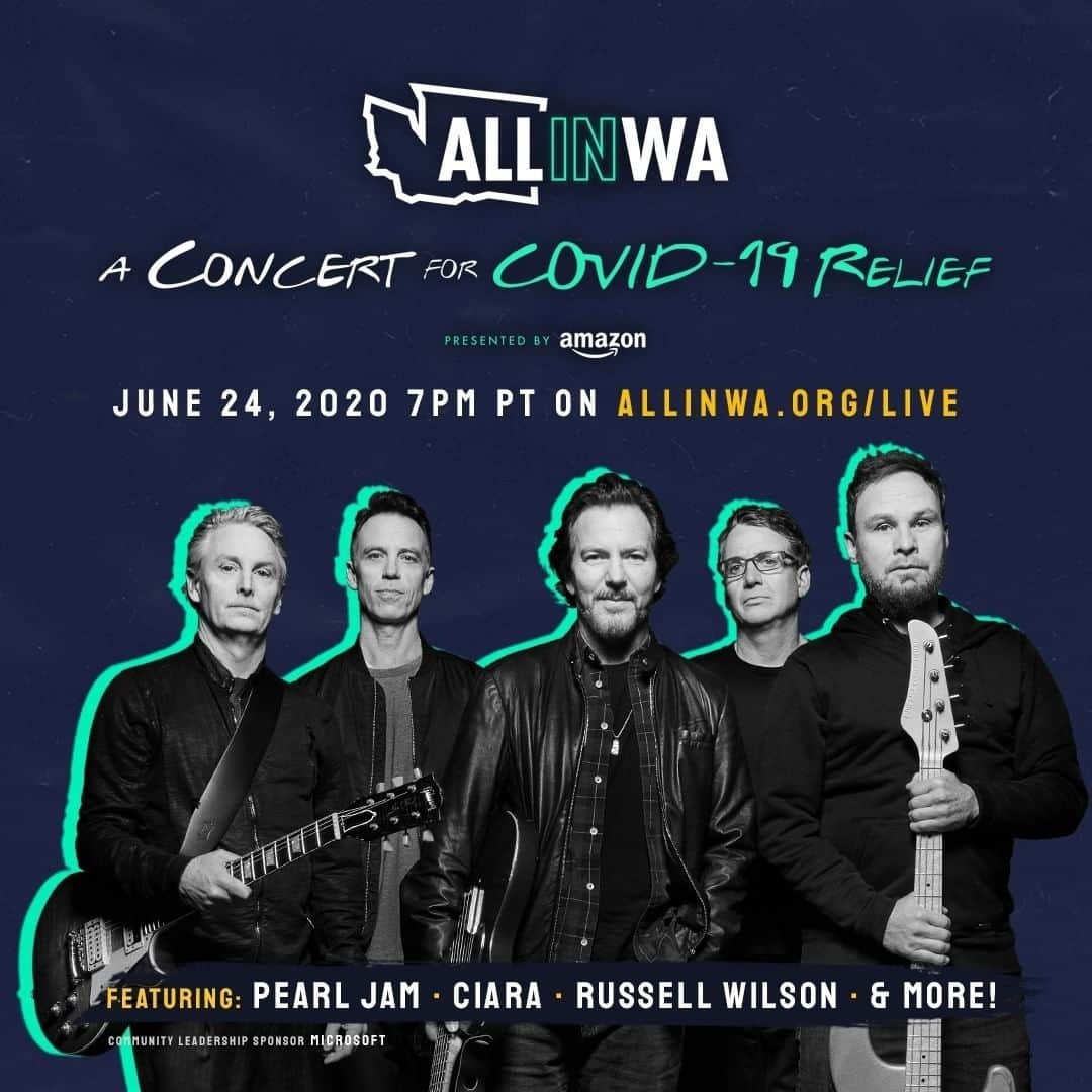 パール・ジャムさんのインスタグラム写真 - (パール・ジャムInstagram)「Pearl Jam will support @AllInWA2020 and perform during the #AllinWA: A Concert for COVID-19 Relief on June 24th.  Tune in at 7pm PT on local Washington stations or 8pm PT on Amazon Prime Video. Link in stories.」6月19日 8時58分 - pearljam