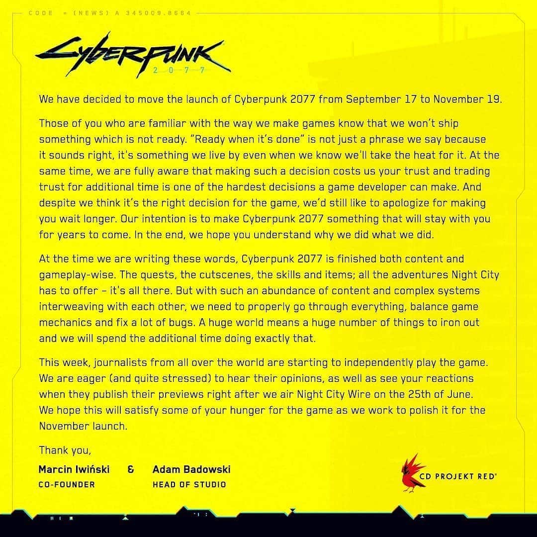 HYPEBEASTさんのインスタグラム写真 - (HYPEBEASTInstagram)「@hypebeastgaming: @cyberpunkgame has once again been delayed until November 19. The announcement came from the dev team stating that although the game is technically “finished” from a gameplay and content perspective, it will still not be ready by September. The game is so large, according to CD Projekt Red, that it needs more time to “go through everything, balance game mechanics, and fix a lot of bugs.” Stay tuned for more info.⁠⠀ Photo: @cdpred」6月19日 9時36分 - hypebeast