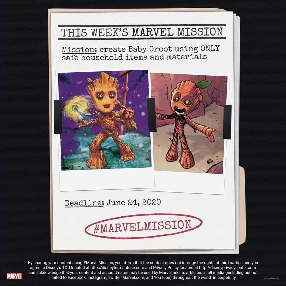 Marvel Entertainmentさんのインスタグラム写真 - (Marvel EntertainmentInstagram)「THIS WEEK'S MISSION: Create Baby Groot using ONLY safe household items and materials.  You have one week to complete your task. Post your photo or video here with the #MarvelMission hashtag for the chance to be featured in our round-up of favorites! #MarvelAtHome」6月19日 10時00分 - marvel