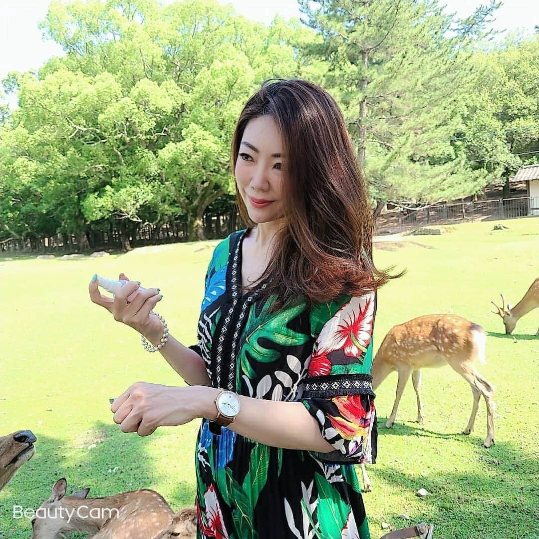 今堀恵理さんのインスタグラム写真 - (今堀恵理Instagram)「奈良の鹿に会いに  @izumi.hakamata  ちゃんと  奈良公園に  鹿は狂暴‼️ かなりヤラレっぱなし(笑)　勝てないよー  鹿せんべいどころか私たちのお腹やお尻まで噛んでくる❗食べられそうやった  タイでお揃いで買ったワンピースで行ったよ  時計も @nomonday  コーデ  クーポンコード『eriimfk』 使用で10パーセントオフになります。  ピアスは　@eclisia_official  です  #奈良公園 #bambi #nomonday #ノーマンデー #腕時計 #時計 #手元倶楽部」6月19日 11時47分 - eriimahori