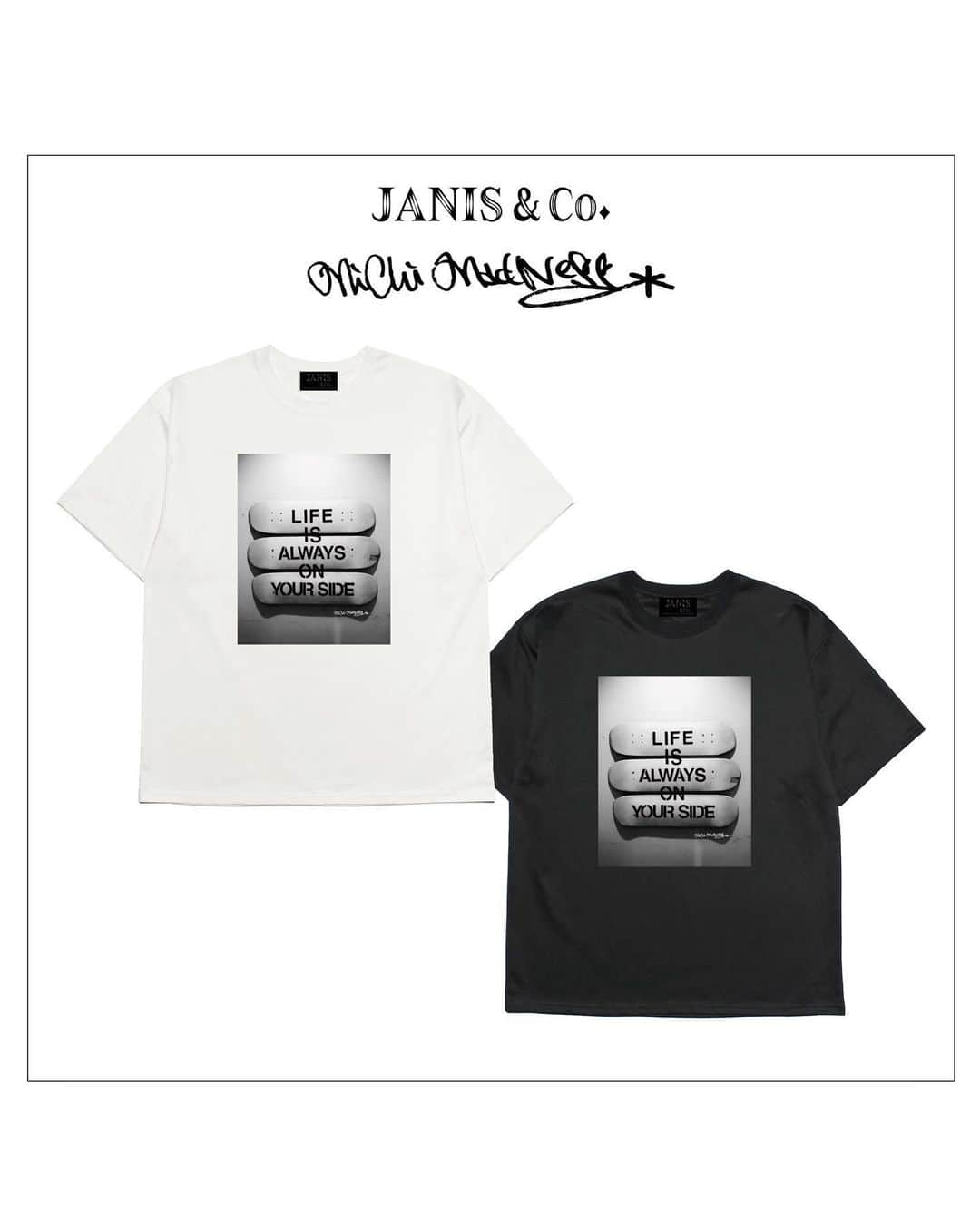 MiChiさんのインスタグラム写真 - (MiChiInstagram)「My Work - Collab w/ JANIS&Co.  @janis_and_company × @michimadnessart . . ♦︎LIFE IS... TEE (WHITE / BLACK)  WEB STORE ▶︎ @janis_ist  #janisandcompany #janisandco  大好なブランド、JANIS&Co.とのコラボTeeが 発売されました🖤 素材もめちゃくちゃこだわってて、最高に気持ちいい😍 JANISのWeb StoreでCheckしてね🔥. . 📷// @kaoruphotos  #michimadness#skateboard#skateboardart#arttee#lifeisalwaysonyourside#artist#tokyo#tokyoartist#tshirt」6月19日 13時21分 - michimadness