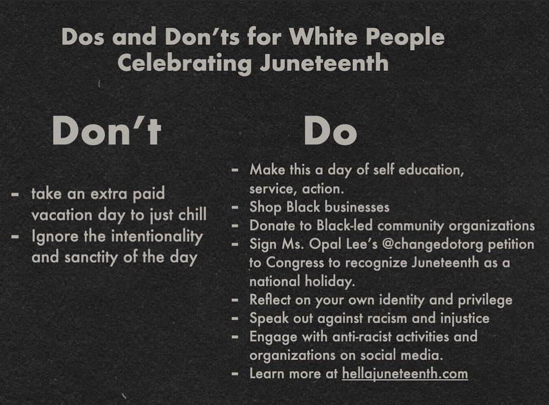 ミラーナ・ヴァイントゥルーブのインスタグラム：「Dear white people, for those that don’t know Juneteeth is a way for Black people to celebrate their own liberation, and the ways that they have always fought for themselves. It commemorates the end of enslavement on June 19th, 1865 when the last enslaved Black person was freed… 2.5 years after the emancipation proclamation… but some dickhead enslavers refused to pass that information on to the people they held captive so they could get more free harvest labor. Isn’t it sick the depths to which white supremacy in capitalism will go to protect profit…  It’s not celebrated on the day of the Emancipation Proclamation because as @FreckledWhileBlack said, “the idea behind this is that our liberation is bounded by one another.” And it’s important to acknowledge that Black people were tricked into years of free work.  There is a national push to make Juneteenth a national holiday, and a paid day off because Black people haven’t had a holiday that really celebrates their history of a revolution. Juneteenth is specific to the ending of slavery, which is super important because we’re now having more and more conversations about how slavery never really ended it evolved. That fight, the abolitionist movement, is not over.」