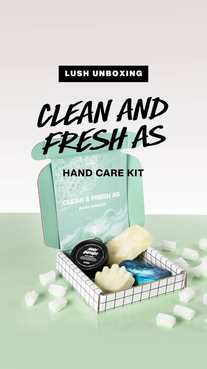 のインスタグラム：「Join Lush Spa Trainer Helen Clarke and Nicole, @veganbeautygirl at home as they open and chat through the new ‘Clean and Fresh As’ Hand Care Kit from Lush.  These handy kits are designed for fuss free letterbox delivery including everything you need for effective hand-care.  Two soaps to wash with, a softening cream to moisturise and an exclusive solid serum for hand massage.  https://uk.lush.com/products/hand-care/clean-fresh」