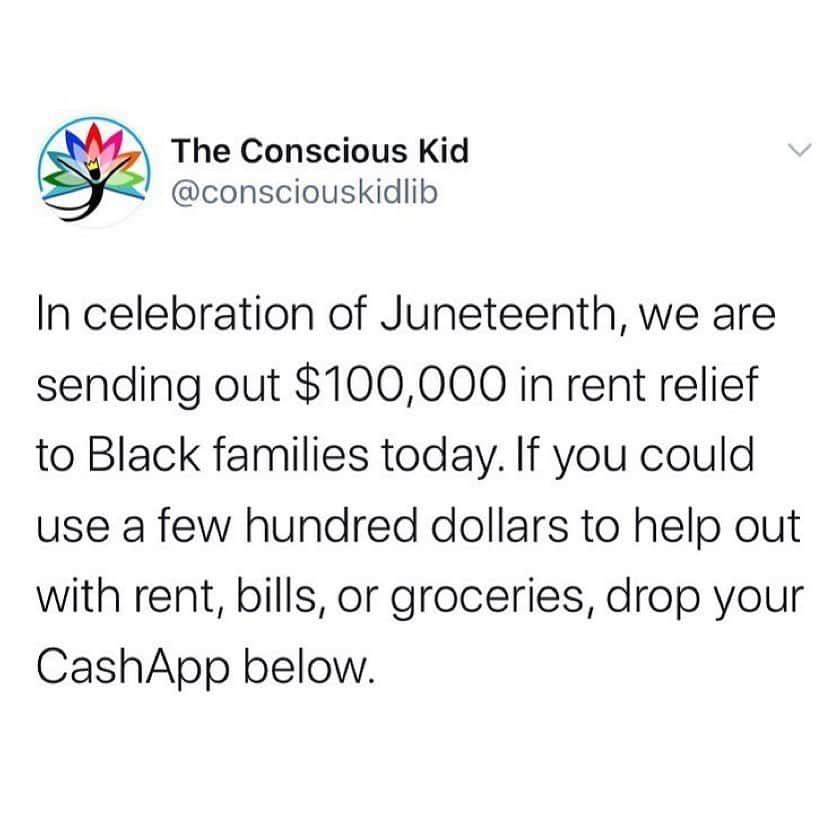 ケリー・オックスフォードのインスタグラム：「It’s Juneteenth, reparations are past due. If you are Black and need financial relief *******go to @theconsciouskid page to drop your CashApp info*********. I’ve made my donation and will put the go fund me link in my bio!  Repost from @theconsciouskid  In the last 10 days, we have sent out $120,500 in COVID-19 rent relief to Black families. Today, we are sending out $100,000 more.  To apply: If you are Black, all you need to do is comment ( on @theconsciouskid page) with your CashApp. No explanation or specifics about your situation is required. No questions asked.  All transactions will continue to be transparently documented and posted to our Stories and Highlights with recipient names redacted to protect privacy. Thanks again to everyone who donated to this mutual aid effort to make this possible. **Please note that we don’t need anything other than your CashApp handle below and we only send money one way (to you) and do not request fees or anything else. Anyone reaching out asking for anything from you is not us or affiliated with us. Be mindful of phishing. #Juneteenth #BlackLivesMatter」