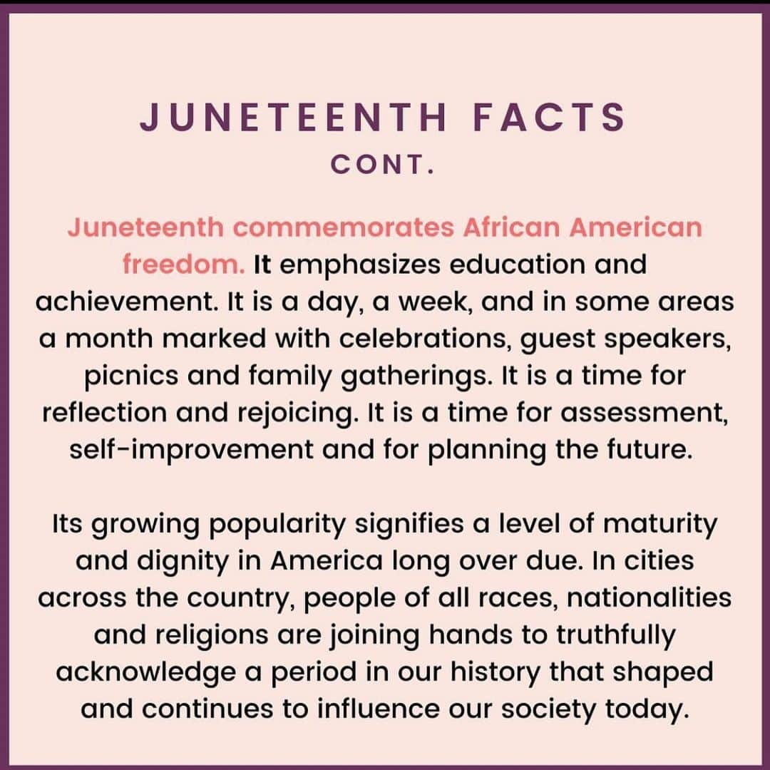 エレン・デジェネレスさんのインスタグラム写真 - (エレン・デジェネレスInstagram)「#KalenTakeover - For your education... #Juneteenth  #repost @monicapirani ・・・ Juneteenth is not the day that all enslaved people were freed, or the day that slavery ended. Juneteenth is a day to commemorate African American Freedom! Download these slides at link in my bio. Immense gratitude to my dear friend and historian @utonevan , who offered consultation on this post. . ✨ Welcome new followers! I wanted to post some additional information about Juneteenth! I made these graphics in an effort to spread education (which is a part of what Juneteenth is all about!) The sources I used are listed on the last slide. . ✨Please feel free to share these graphics with your loved ones and to your feed! Black History is American History, and unfortunately many of us aren’t taught about Juneteenth. I just learned about it two years ago! There is no need to feel shame or guilt for just learning about this, we know by now that systematic racism effects our education system. You know now, so you can help spread education and awareness! . 📖 HOMEWORK: . Set a timer for 30 minutes and look up and learn about Juneteenth! Comment below what you learned! Share resources and educational material with your loved ones and talk to your kids about it! . Follow accounts that teach Black American history and provide resources for learning, like @zinneducation, @nmaahc and @theconsciouskid . ✨If you are celebrating Juneteenth this week, I’m sending you a whole lot of love! 🧡🧡🧡 .. ✨**While I do need to be properly credited for my poetry, writing, and photography**, you do not need to credit me for these slides. This is knowledge and education that EVERYONE should have access to and the info is sourced from the websites on the last slide. All I did was paste that info into a pretty graphic that was easy to share. With that said, thank you for all your messages of gratitude, I am so happy you learned something today!!!! It makes my heart happy. Keeping sharing knowledge, keep learning on your own and with loved ones, *always* ask questions, and stay curious! 🥰」6月20日 2時02分 - ellendegeneres