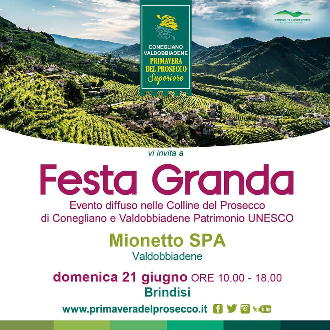 Mionetto Proseccoのインスタグラム：「Domenica 21 Giugno Mionetto Prosecco partecipa a Festa Granda, l’evento diffuso nelle Colline del Prosecco di Conegliano e Valdobbiadene Patrimonio UNESCO, per celebrare il nostro territorio.⁣ ⁣ Dalle 10 alle 18 vi aspettiamo per omaggiarvi di un calice di Valdobbiadene Prosecco Superiore DOCG - Luxury Collection.⁣ ⁣ @primavera_del_prosecco ⁣ #mionettoprosecco #mionettoinsieme⁣ ⁣ Bevi Mionetto responsabilmente」