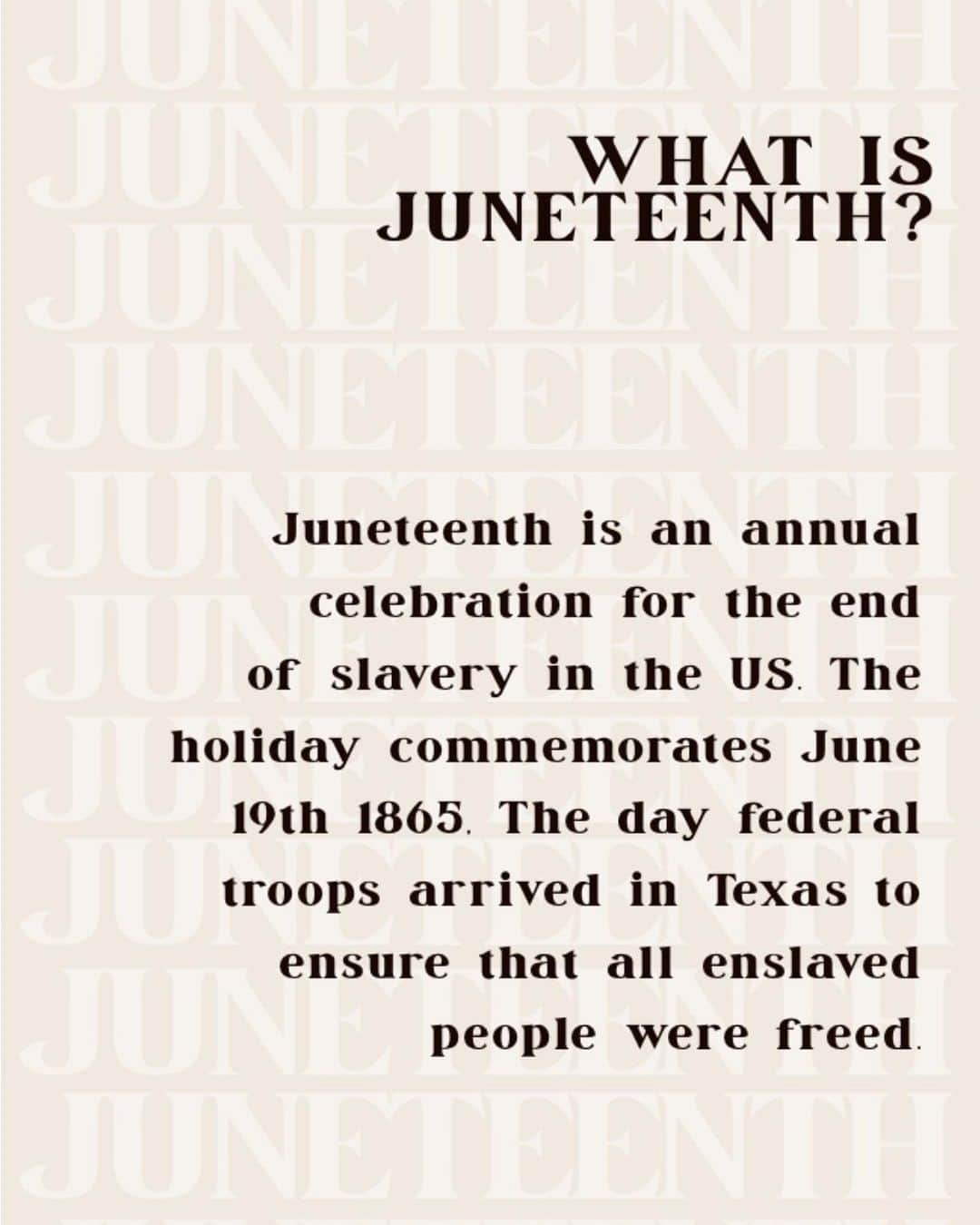 We Wore Whatさんのインスタグラム写真 - (We Wore WhatInstagram)「JUNETEENTH: Juneteenth (June 19th) is an annual celebration for the end of slavery in the US. The holiday commemorates this day in 1865 when federal troops arrived in Texas to ensure ALL enslaved people were freed - despite the fact the Emancipation Proclamation was two and half years prior. It has become a symbolic date that represents “nobody is free until everybody is freed.”⁣ Even though Juneteenth marked when the last enslaved learned they were free, we are still seeing the social and economic impact of slavery today. ⁣ ⁣ Slides by @_thistlethings • Graphics by @eyeswoon. ⁣⁣ ⁣ Summary written by me after truly learning about what Juneteenth is.. taking time to really read about this day was very impactful and is part of my continued journey to educate myself and grow. But there is more to learn, I highly suggest you take some time today to read further into this too. For more helpful slides: @monicapirani, @theconsciouskid, @_thistlethings⁣ ⁣ *Ways to honor Juneteenth:⁣ SIGN PETITIONS, DONATE, BUY from Black owned businesses, SHARE on social media, AMPLIFY Black voices, have the CONVERSATIONS, EDUCATE yourself and others*」6月19日 19時46分 - weworewhat