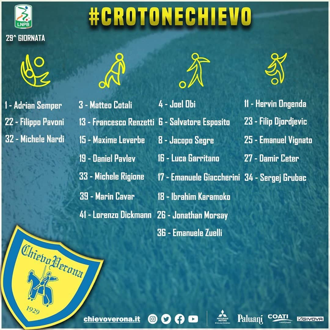 ACキエーヴォ・ヴェローナさんのインスタグラム写真 - (ACキエーヴォ・ヴェローナInstagram)「📋 #CrotoneChievo: le prime convocazioni di mister #Aglietti alla ripresa della @legab  Partiranno in 2⃣3️⃣ per la partita #CrotoneChievo. Indisponibili #Ivan, #DiNoia e #Meggiorini. #ForzaChievoSempre 💛💙 #Chievo #ChievoVerona #gialloblù #convocati #seriebkt #match #football #team」6月19日 20時33分 - acchievoverona