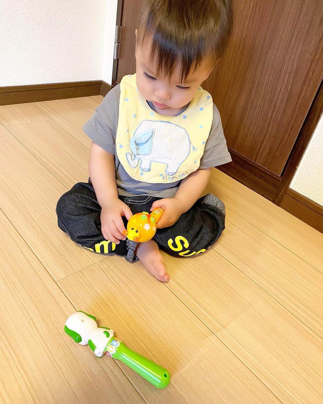 Momoeのインスタグラム：「つーさんに買ってもらったおもちゃ🐒💘 わんわん好きすぎて逆に無表情。笑 大好きのレベルを越すと こんなに真剣な顔になるんだね。笑 つーさんみよに色々買ってくれて ありがとう🙇‍♀️🙇‍♀️🙇‍♀️✨✨✨ . .  #happy #家事 #育児 #family #家族 #boy #smile #男の子 #息子 #code #love #lucky #kids #子供 #thankyou #宝物 #ベビー #fashion #follow #心 #縁 #パパ #ママ #家族写真 #男の子ママ #赤ちゃん写真 #photo #子育て #1歳 #flower」