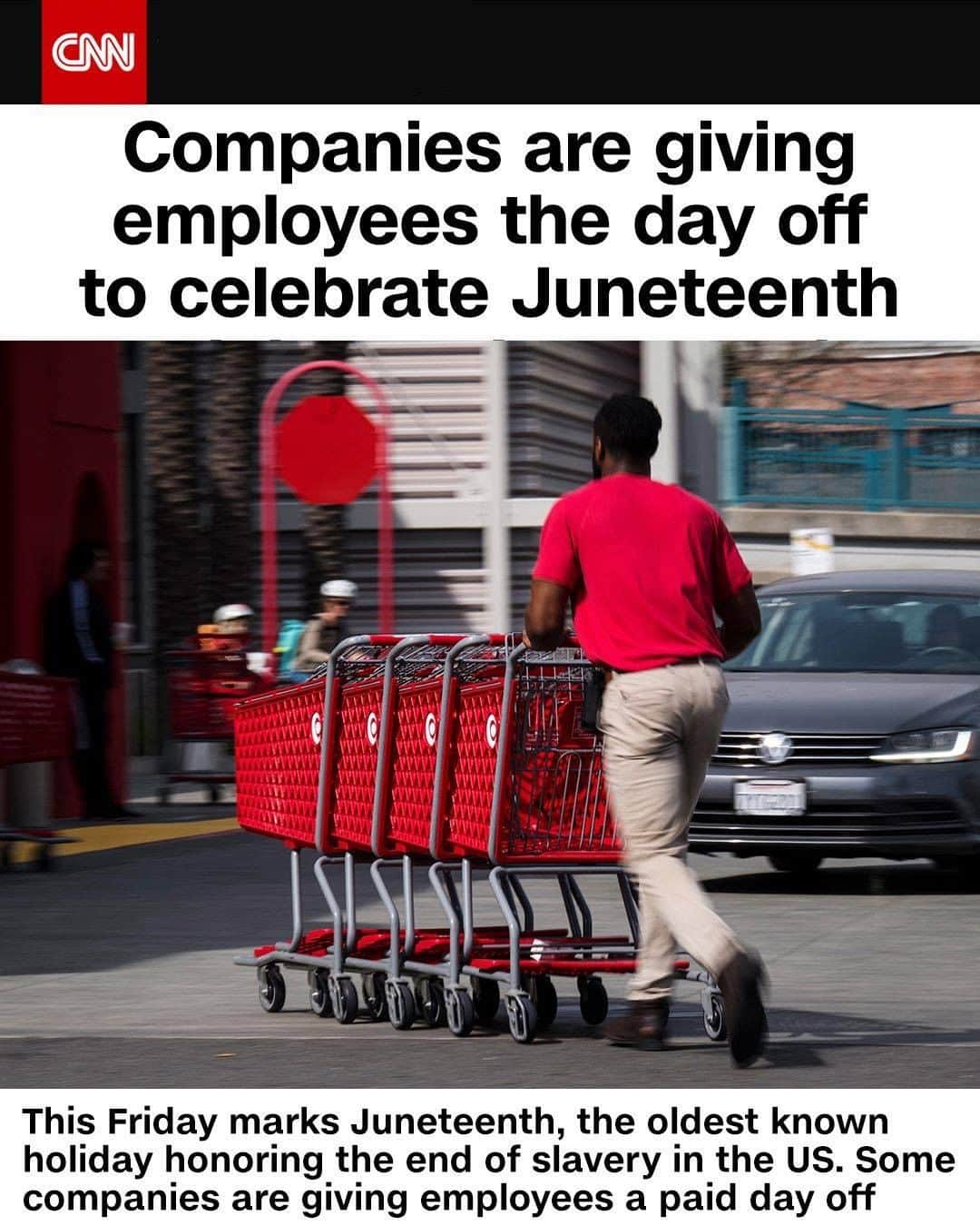 CNNさんのインスタグラム写真 - (CNNInstagram)「This Friday marks Juneteenth, the oldest known holiday honoring the end of slavery in the United States. And this year, more than a dozen companies are, for the first time, giving employees a paid day off from work to observe it. Companies saying they will observe the holiday this year include Target, Nike, Twitter, JCPenney, Ben & Jerry’s, Tumblr, the New York Times and Spotify. New York Gov. Andrew Cuomo also issued an executive order this week recognizing Juneteenth as a holiday for state employees. (📸: David Paul Morris/Bloomberg/Getty Images)」6月19日 22時34分 - cnn