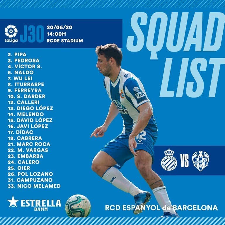 RCDエスパニョールさんのインスタグラム写真 - (RCDエスパニョールInstagram)「📋 Llista de convocats 🆚 @LevanteUD! 📋 ¡Lista de convocados 🆚 Levante! 📋 Squad list 🆚 Levante! 📋 大名单 🆚 莱万特！ - #EspanyoldeBarcelona | #RCDE | #EspanyolLevante」6月19日 22時52分 - rcdespanyol