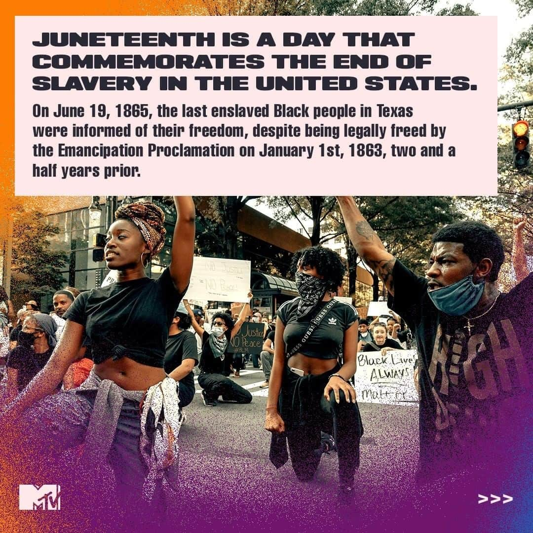 MTVさんのインスタグラム写真 - (MTVInstagram)「Today is Juneteenth, 155 years since the last enslaved Black people in Texas were informed of their freedom. Take some time with me to learn about why we commemorate this day, to reflect on how far we’ve come, and to focus on what’s left to accomplish in the fight against systemic racism.」6月19日 23時01分 - mtv