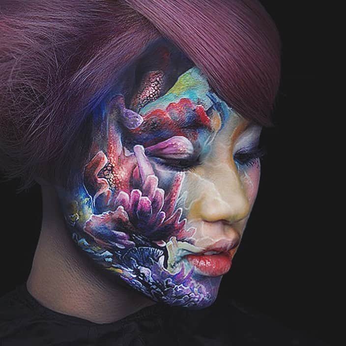 のインスタグラム：「"coral reef" Facepaint by me. ． #amazing_jiro #facepaint #painting #coralreef #corals #ocean #sea #underwater #underthesea #makeup #purplehair #art #artist #artwork #フェイスペイント #ペイント #珊瑚 #サンゴ #ビーチ #海 #水中写真 #メイク #ヘアカラー  #パープルカラー #アート #アーティスト #作品」