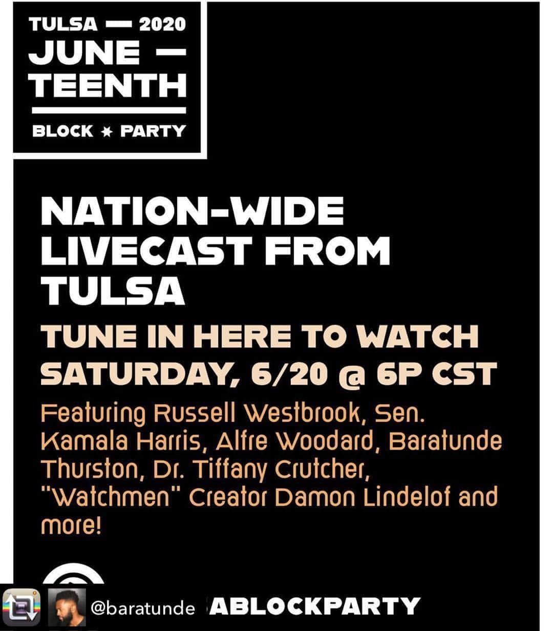 キャリー・クーンのインスタグラム：「Repost from @baratunde using @RepostRegramApp - I literally wished for this: a virtual block party to celebrate liberation while drowning out the noise created by the 45th president. I’m excited to contribute to the #TulsaBlockParty this Saturday 6pm CT. Watch at tulsablockparty.com or IG @choosetulsa  #juneteenth #liberation #blackpeople #freedom #blockparty #party #russellwestbrook #kamalaharris #alfrewoodard #baratundethurston #watchmen」