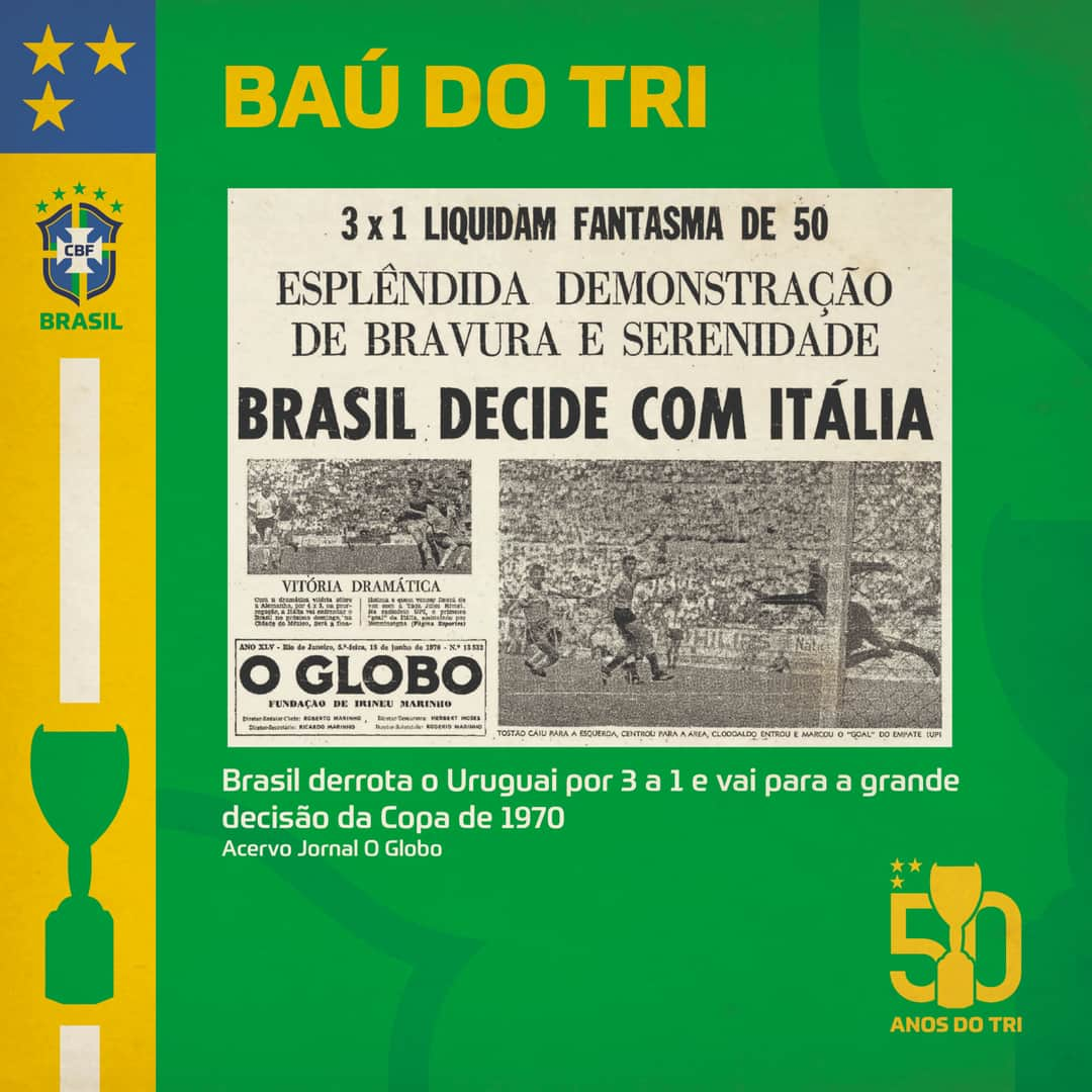 サッカー ブラジル代表チームさんのインスタグラム写真 - (サッカー ブラジル代表チームInstagram)「No jornal, a vitória da #SeleçãoBrasileira sobre o Uruguai em 70 foi destacada pelo controle emocional dos jogadores, mesmo contra o algoz de 50. E o foco já estava, claro, na grande decisão! ⠀ #50AnosdoTRI #Copade70」6月20日 2時55分 - cbf_futebol