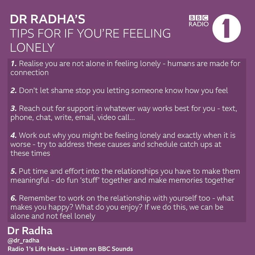 BBC Radioさんのインスタグラム写真 - (BBC RadioInstagram)「@dr_radha with some helpful tips for if you're ever feeling lonely 💜 ⁣ ⁣ Listen to Life Hacks this Sunday from 3pm on @bbcsounds for some more tips and conversations around loneliness」6月20日 4時29分 - bbcradio1