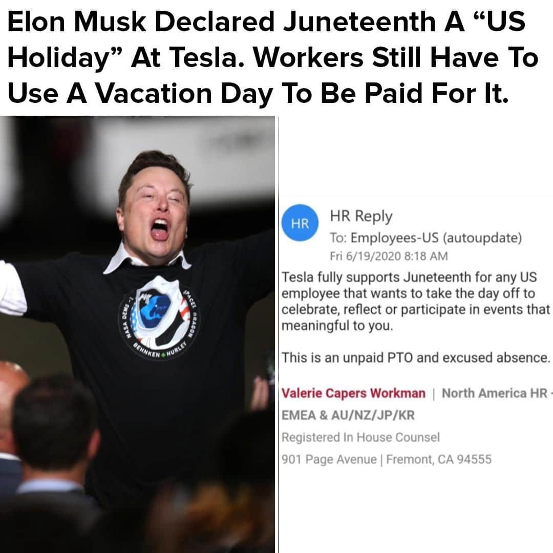 BuzzFeedさんのインスタグラム写真 - (BuzzFeedInstagram)「From @buzzfeednews: Tesla workers were confused by the message. Some were already at work by the time they received the first email, and one, who spoke with BuzzFeed News, felt it was “pointless.” The company was recognizing Juneteenth, a holiday celebrating the liberation of slaves in the United States, while telling workers they either had to take a vacation day or take the day off and not be paid. Read the full story in the link in bio.」6月20日 9時01分 - buzzfeed