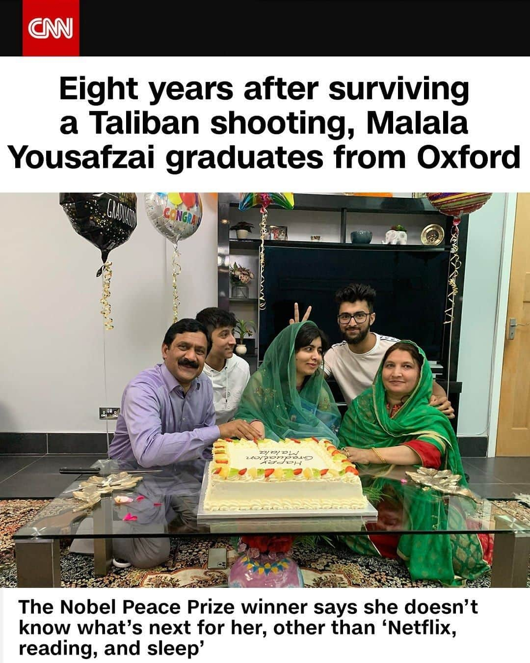 CNNさんのインスタグラム写真 - (CNNInstagram)「Malala Yousafzai, the Nobel Peace Prize winner who survived being shot by the Taliban, has completed her degree at Oxford University. Yousafzai, who is 22, tweeted early on Friday morning to say she had finished her studies. "Hard to express my joy and gratitude right now as I completed my Philosophy, Politics and Economics degree at Oxford," she wrote. "I don't know what's ahead. For now, it will be Netflix, reading and sleep." Yousafzai, who was born in Pakistan and is an education and human rights activist, was attacked by the Taliban in 2012 after becoming a vocal critic of the terrorist group's attempts to stop girls from attending school. (📸: Malala Yousafzai/Twitter)」6月20日 9時00分 - cnn