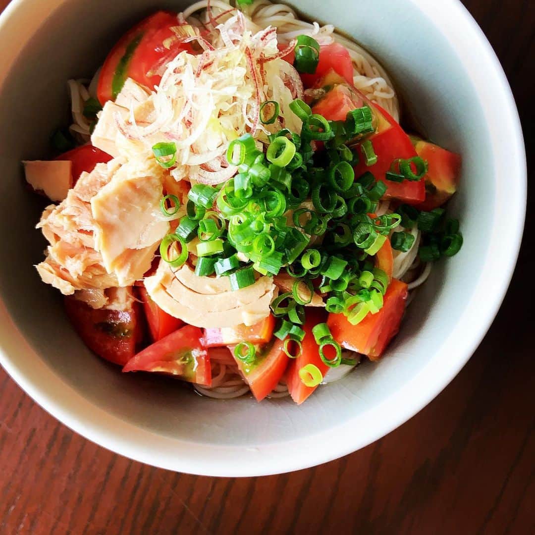 志摩有子さんのインスタグラム写真 - (志摩有子Instagram)「届いたツナ缶でさっそくツナトマト素麺。 氷水でキュッと締めた素麺に軽く塩したトマトとツナ、茗荷、万能ねぎ。大葉をたしても。つゆをかけて食せばさっぱり。ひと夏で何度も食べちゃう大好きなやつ。全部の材料をよく冷やしておくのが美味しく食べるコツ。ツナ部分にマヨちょいがけして味変もおすすめ。  #そうめん#素麺 #そうめんアレンジ  #素麺アレンジ #ツナトマトそうめん」6月20日 12時52分 - ariko418