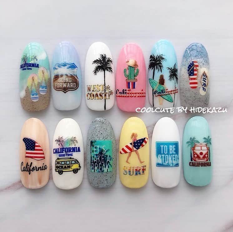 Hidekazu さんのインスタグラム写真 Hidekazu Instagram 新作プロデュースシール West Coast ワンポイントでも使えるサーフスタイルな西海岸風ステッカーの新作です 7月よりツメキラさんから発売になります Tsumekira ネイル